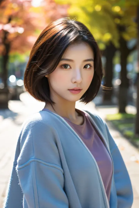 A woman who seems to have a tough personality　Japan woman in her early 20s　pink colored shirt　Autumn attire　A dark-haired　bobhair　Beautie　Beautuful Women　Strong-minded face　shinny skin　best qualtiy、​masterpiece、(Photorealsitic:1.4) (perfectly proportions)(...