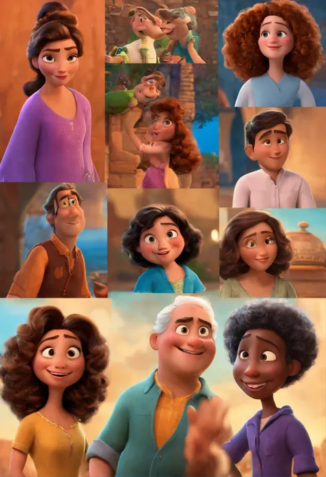 Um filme inspirado na Disney Pixar (MENINA pardde 49 anos COM CABELO LONGO CACHEADO castanho) dentro A cena estar na arte distinta do estilo PIXAR, descolada e estilosa