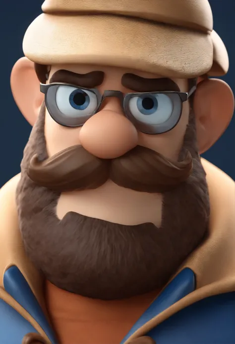 personagem dos desenhos animados de um homem de bigode cabelo curto nariz afilado sobrancelhas coladas e com uma camisa azul, animation character, Caractere estilizado, animation style rendering, 3D estilizado, Arnold Maya render, 3 d render stylized, toon...