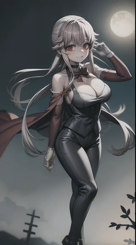 Yuno Gasai, wearing black choker, red eyes, (large breasts:1.5), dynamic pose, waistcoat, black jacket, cloak, open cloak, black groves, black pants, standing, night, moon, graveyard, tomb, bats, bottom up view,