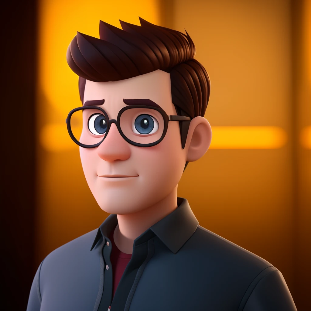 Personagem de desenho animado estilo Pixar com cabelo preto e olhos castanhos assinado contratos e com camisa da cor branca,(3 d animation), (Pixar), ( 8k render)