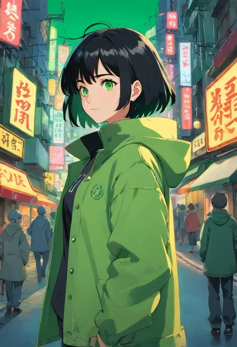 1girl, (masterpiece), black hair, short hair, green eyes, Green coat, black short jeans, cyberpunk city,