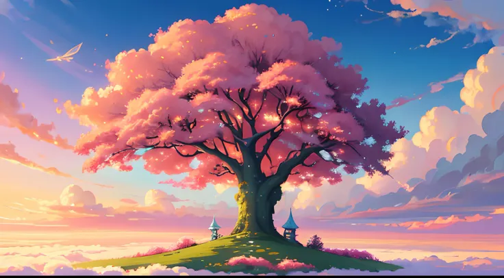 painting of a tree in the clouds with a pink sky, dreamlike digital painting, lie on white clouds fairyland, dream scenery art, digital art fantasy, anime beautiful peace scene, fantasy background, fairy tale style background, dreamy art, in the white clou...