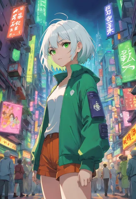 1girl, (masterpiece), white hair, short hair, green eyes, Joker outfit, cyberpunk city,