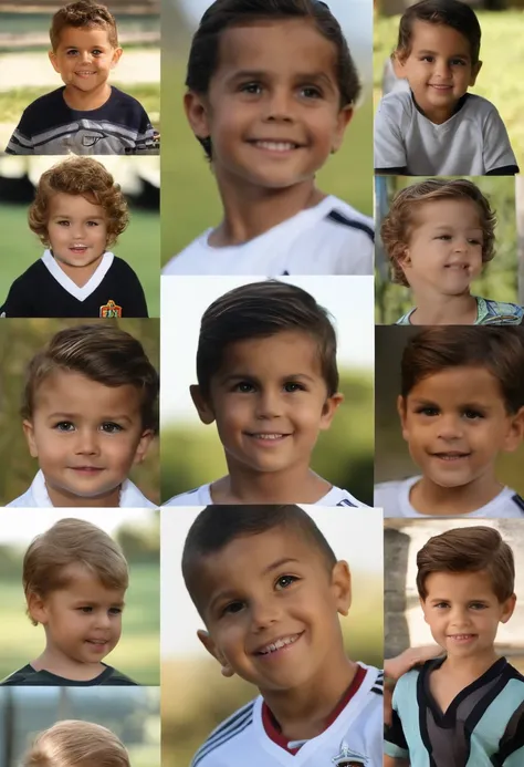 menino: Ronaldo, aproximadamente 10 anos de idade, cabelo curto estilo Disney, olhos castanhos e sorrisos. garoto: Benjamim , 2 anos, longos cacheados loiro escuro e olhos castanhos claro. scenecy: Ronaldinho and Benjamin are playing in a park and in the b...