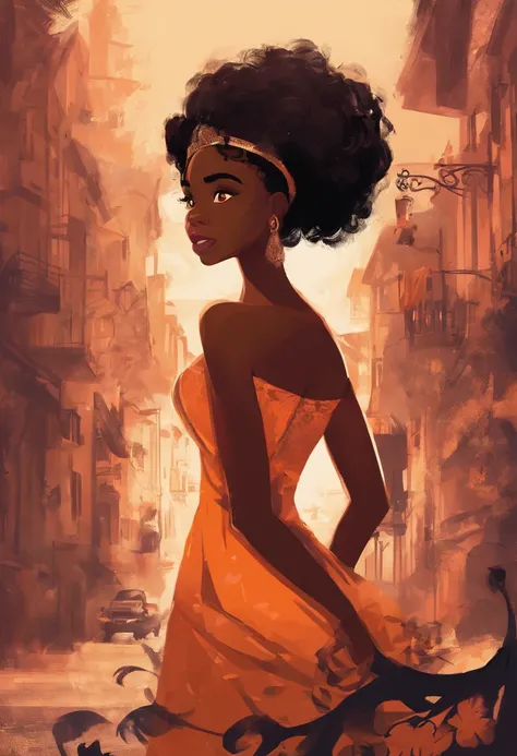 Capa de filme estilo disney, black girl, de olhos escuro, pele escura, tirando uma selfi sorridente, com um vestido laranja