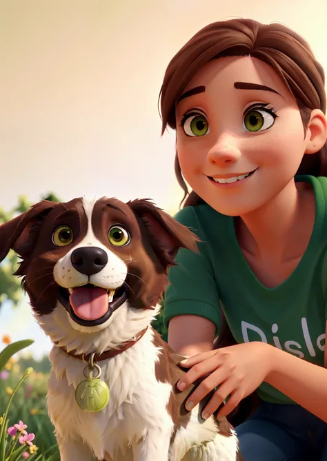 (highres,best quality,realistic),a woman with dark brown hair and brown eyes smiling,next to her playful border collie with very light brown eyes,
in the background, a lush green garden full of plants and flowers.