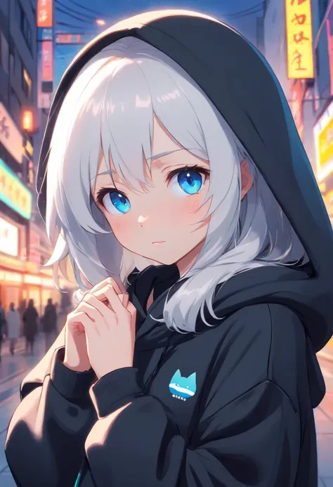 A cute bunny woman with white hair and blue eyes in an oversized black hoodie, shy, embarrassed, nervous