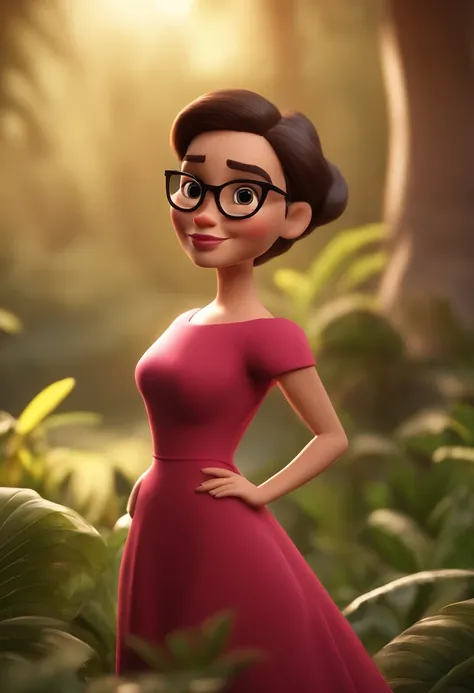 Poster inspired by Disney Pixar films with the title Natalia, Cartoon character of a woman with long straight brunette hair and brown skin with black oval glasses and a low-cut pink dress, animation character, Caractere estilizado, animation style renderin...