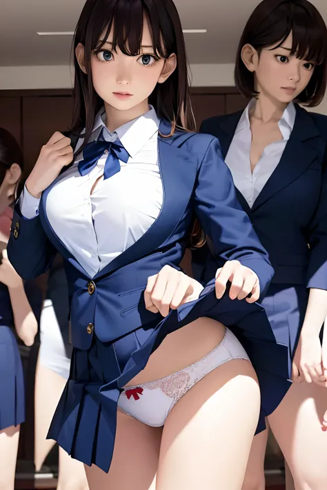 masutepiece, Best Quality, Five girls in the classroom,(5 people standing:1.2),Standing,Teenage, Looking at Viewer,l Group shot, harems,nffsw,Underwear,(pantiy),Realistic,School uniform,(Dark blue blazer and white shirt) ,(Dark blue pleated skirt),Blue Rib...