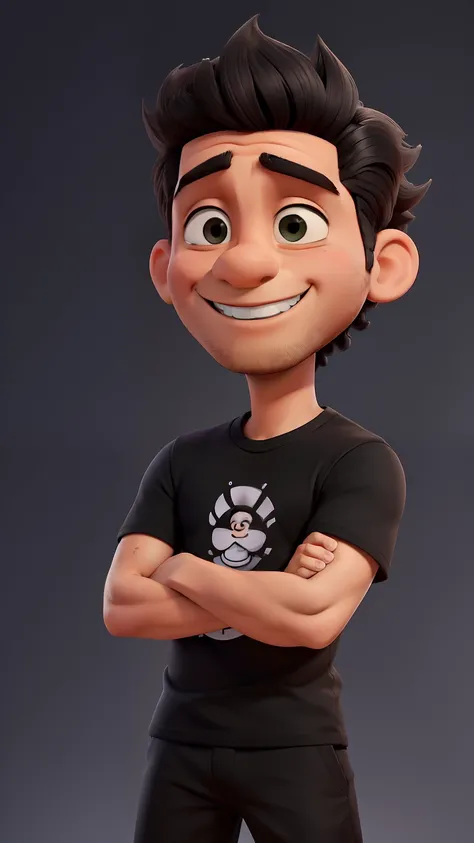 Marcelo Santos, Cartoon in black shirt and black pants, arms crossed, olhando para frente e sorrindo com os dentes aparecendo, cabelo loiro e barba serrada, dentro de uma academia