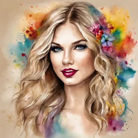 Taylor Swift Waitress Cool and Fashionable, Hair colored with rainbow, olhos amarelos, Use roupas hip-hop da moda, usando um capuz, Graphic T-shirt and ripped jeans, Muitas tatuagens e piercings, Fundo estilo Doodle, Antecedentes altamente detalhados, Obra...