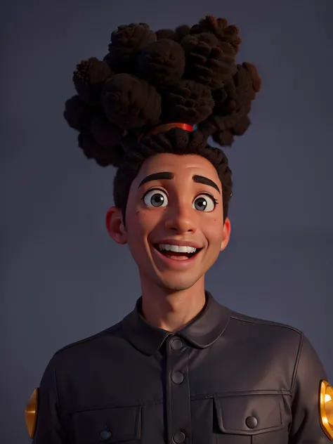 Make an image that is exactly the same as this example. black skin, curly hair, Please render in typical Disney Pixar style, smiling into camera. Sharp and detailed, 8k, hyper realistic, Kodak 200T, dramatic lighting, minimalist background