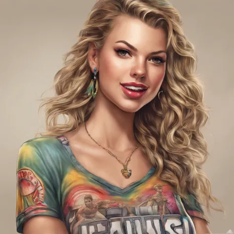 Taylor Swift Waitress Cool and Fashionable, Hair colored with rainbow, olhos amarelos, Use roupas hip-hop da moda, usando um capuz, Graphic T-shirt and ripped jeans, Muitas tatuagens e piercings, Fundo estilo Doodle, Antecedentes altamente detalhados, Obra...