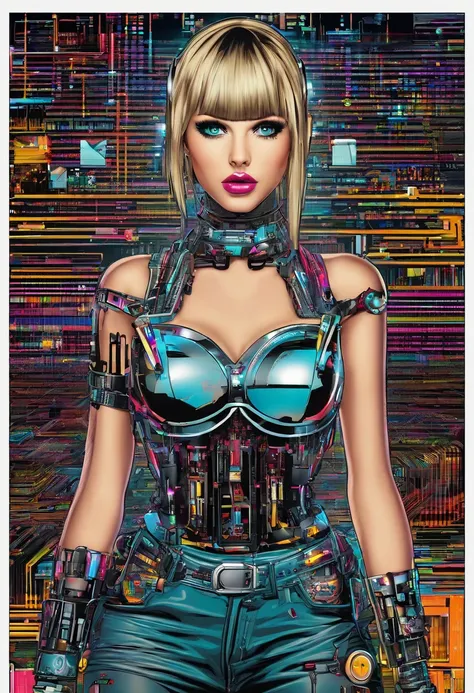 Taylor Swift Waitress Cool and Fashionable, Hair colored with rainbow, olhos amarelos, Use roupas hip-hop da moda, usando um capuz, Graphic T-shirt and ripped jeans, Muitas tatuagens e piercings, Fundo estilo Doodle, Antecedentes altamente detalhados, Obra...