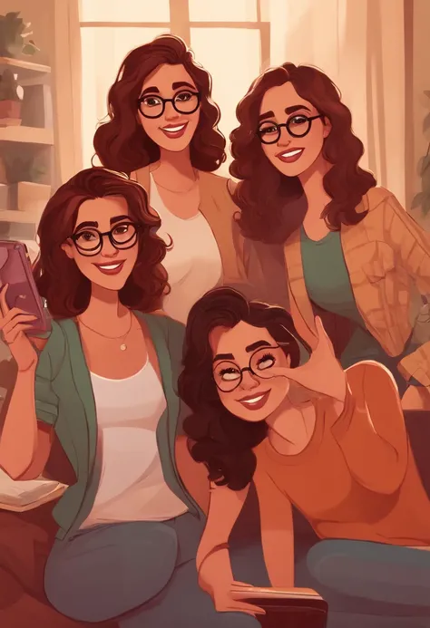 four girls are taking a selfie, chillin at them secret club together, one of them has curly brown hair and is wearing glasses, the other three have straight brown hair, pixar style