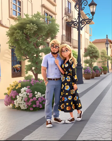 casal ,homem branco com cabelos negros, com barba grande e negra, camisa lisa sem gola, Round glasses and blonde woman, cabelos nos ombros, no estilo Disney Pixar, alta qualidade, melhor qualidade,8k