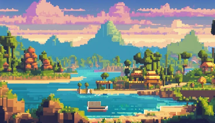 Pixel art tourist destination landscape. Evening. 3d pixel art 4k wallpaper. Incredible pixel art details. Pixel art. Steam waves. Detailed unreal engine pixel art