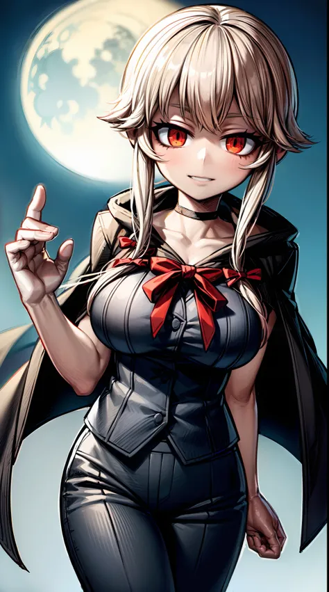 Yuno Gasai, wearing black choker, red eyes, (large breasts:1.5), dynamic pose, (waistcoat:1.5), (black jacket:1.5), (cloak, open cloak:1.5), (black groves:1.5), (black pants:1.5), standing, night, moon, graveyard, tomb, bats, bottom up view,