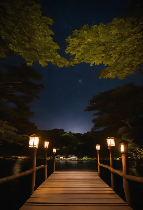 Uma paisagem noturna inspirada na arte japonesa, com um jardim iluminado por lanternas de papel e uma ponte de madeira sobre um lago tranquilo. The starry sky is reflected in the water, Creating a magical environment. na margem do lago, There is a small Ze...