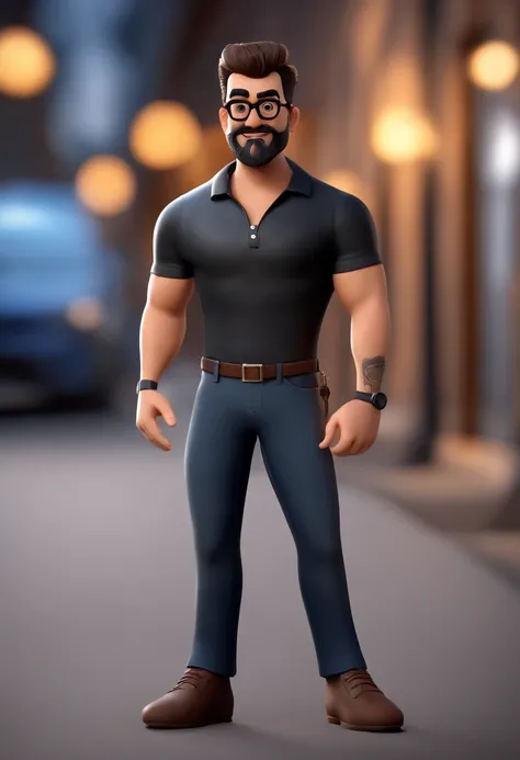 Cartoon character of a man with black glasses and a black polo shirt, cabelo liso, With beard and old school tattoo on his arm, animation character, Caractere estilizado, animation style rendering, 3D estilizado, Arnold Maya render, 3 d render stylized, to...