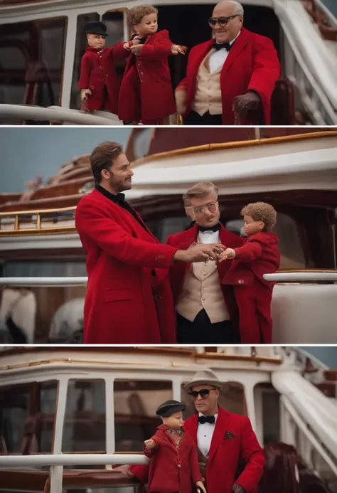 Father and son on an entertainment boat taking a photo with the father wearing a pair of prescription glasses and the son wearing a red coat and the father wearing a black shirt in the background, there are two Batati and Batatá dolls