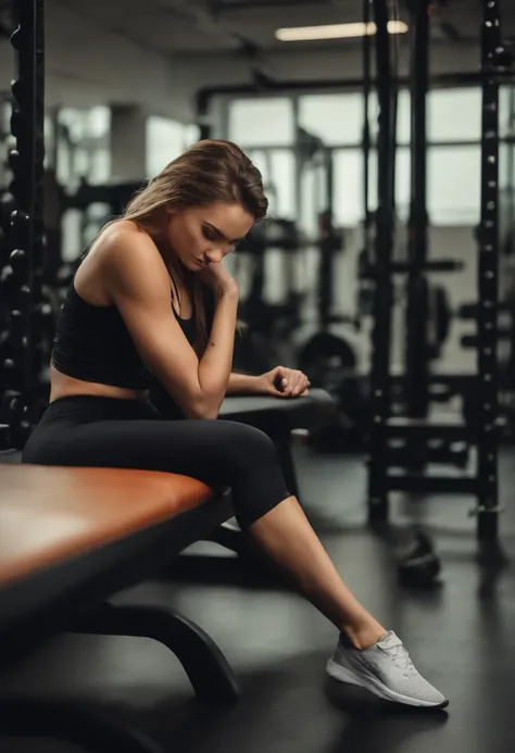 fille sexy , dans une salle de gym , Lying on a bench , soulevant des halteres