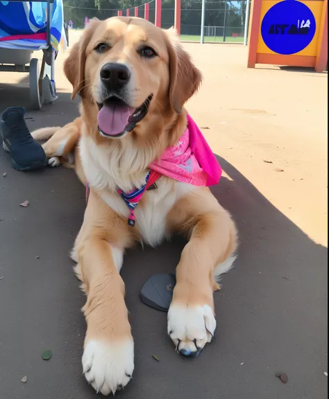 there is a dog that is laying down on the ground, Retriever dourado, 2 anos, no parque, vestindo uma bandana rosa.