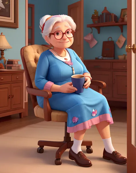 Cartoon woman sitting on a chair with a cup of coffee, 3d render senior artist, Como um personagem da Pixar, Velha, Representado como um personagem da Pixar, personagem pixar, design de personagem bonito pixar, grandma, Personagem ideal da Pixar, pixar ret...