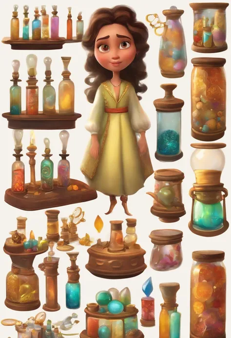 A collector of ideas inspired by Pixar animation, de perto. She is surrounded by a collection of magic vials, each containing a unique idea. The focus is on the character, with a captivating facial expression, Against a backdrop of shimmering, cores eferve...