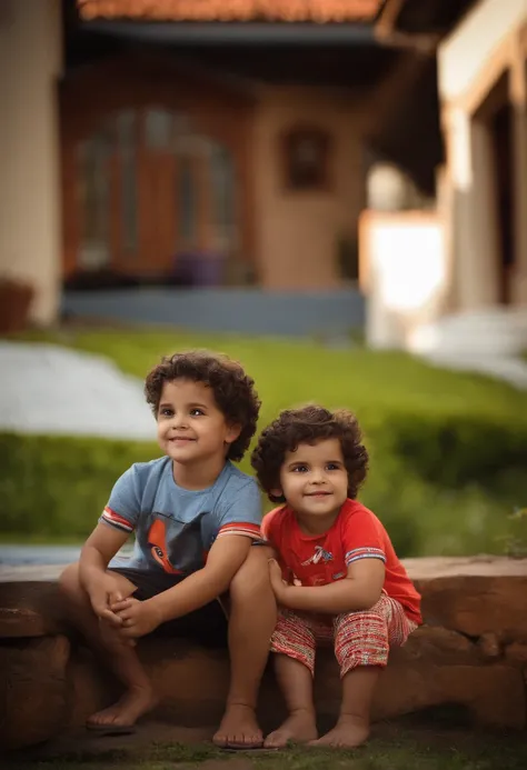 menino: Miguel, aproximadamente 5 anos de idade, cabelo curto estilo Disney, olhos castanhos e sorrisos. garota: Giovana, 2 anos, longos cabelos pretos e olhos azuis. scenecy: Miguel and Giovana are in a cozy little house in the valley, ao fundo um dia ens...