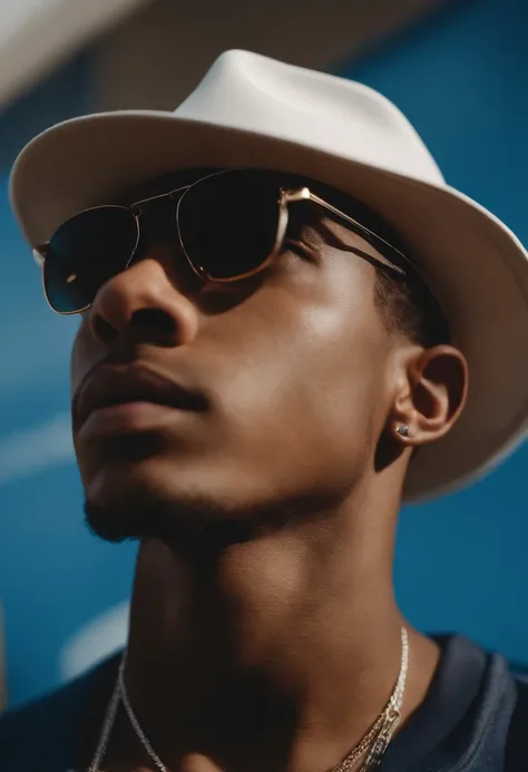 Man in white hat and sunglasses taking BLUE label, taken in the early 2020s, foto do perfil, aceso de lado, wearing sunglasses and a cap, album photo, Sem estilo Tyler Mitchell, arte mista, videoclipe, Coelho ruim, wearing oakley sunglasses, Pete Davidson,...