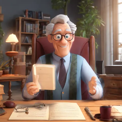 Crie um cartaz inspirado na Disney Pixar com o personagem sendo o pastor Rubens Janier, A gray-haired man wearing glasses, in an office with a Bible on the table