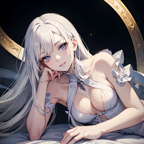 masutepiece, Highest Quality, (Perfect face:1.1), (high detailing:1.1), (ultradetailed eyes), Dramatic,  superfine illustration, Extremely detailed, 1girl in, (pale skin), long white hair, Ethereal eyes, (light eyebrow), ((A slight smil)), (Half-body image...