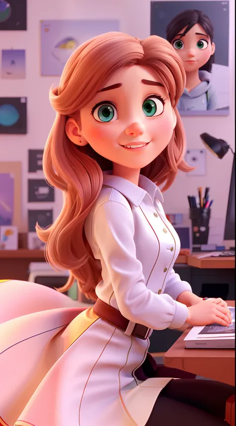 A girl working with aesthetics,illustration,ultra-realistic:1.2,olhos verdes e rosto detalhados,Belas Artes,profissional,studio lighting,artistic,linhas limpas,Feminino,paleta colorida,Bokeh,cabelo loiro escuro fluindo suavemente,foco nítido,Altas. Titulo ...