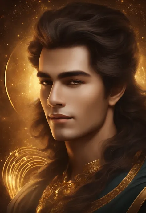 Create a man with unique characteristics, inspired by the sign of Pisces and the cosmological stars An artistic representation of the essence of this sign, with striking features and a mysterious aura, Highlight golden traces of gold and golden lights, bla...