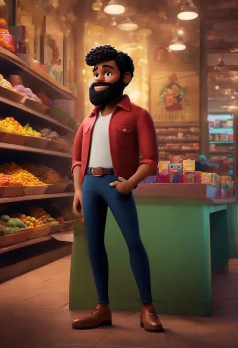 Disney/Pixar-inspired 3D poster capturing a scene of a cute 20-year-old with a soul patch beard, cabelo desbotado de navalha preta, camisa preta, Black pants on the background of a clothing store