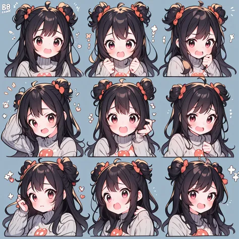 cute girl avatar，emoji pack，little devil，(9 emojis，emoji sheet，align arrangement)，9 poses and expressions（grieving，astonishment，...