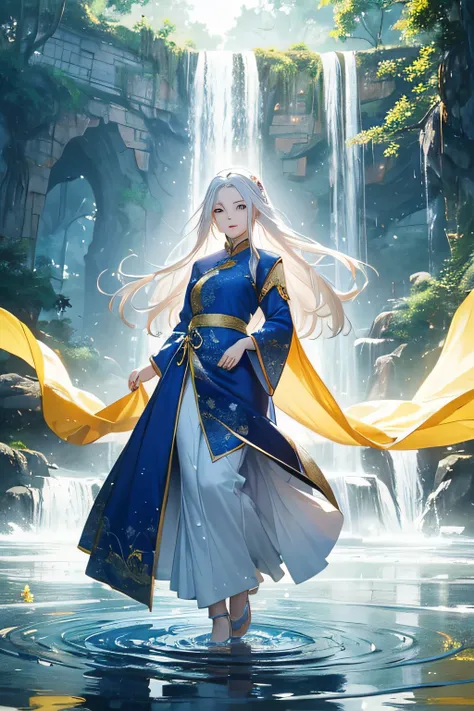 ((One chinese woman around 40 years old)), mature female, (super long white hair), ((serious expression)), long white blue monk dress, fantasy, water falling down around her, yellow dress details, water bending, (standing on the ground)