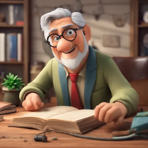 Crie um cartaz inspirado na Disney Pixar com o personagem sendo o pastor Rubens Janier, A gray-haired man wearing glasses, in an office with a Bible on the table