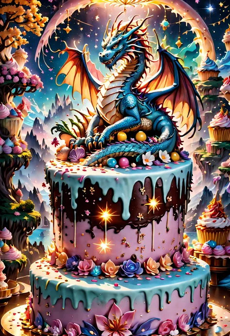 Beautiful 8K Ultra HD professional photos, Sharp focus, In a stunning fantasy starry world,Fairies dance in the sky，A birthday cake filled with gems falls from the sky，A giant cake carved with an oriental dragon，It has candles and confetti on it, Huge birt...