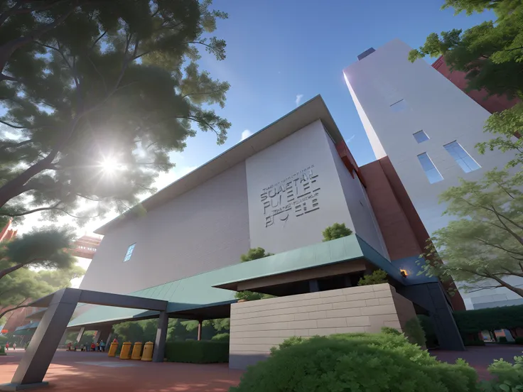 The Torch of a Square Building in Disney Pixar Style. The structure is square, with a steel plate at the front and red bricks. Trees surround the space, thats being lit by the sun.