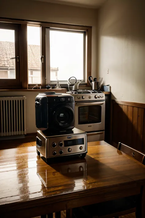 A domestic appliance rests on top of a table in a Photography style.