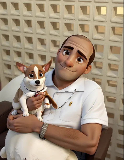 Homem branco, alto, gordo e careca, Carrying on her lap a white Chihuahua dog with brown spots, em um jardim