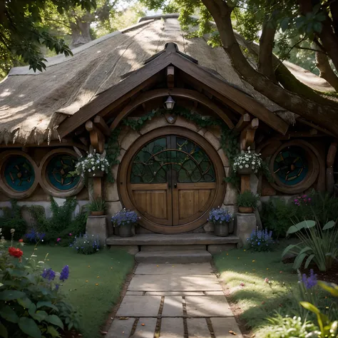 Inside the Hobbit House , trees, beautiful flowers,shining, Sharp Very detailed..., intricate, lifelike