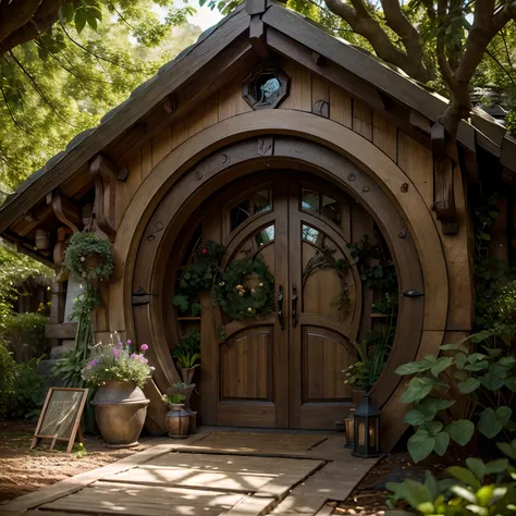 Inside the Hobbit House , trees, beautiful flowers,shining, Sharp Very detailed..., intricate, lifelike