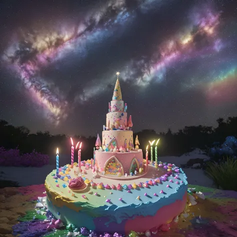 Beautiful 8K Ultra HD professional photos, Sharp focus, In a stunning fantasy starry world,Fairies dance in the sky，A birthday cake filled with gems falls from the sky，A huge cake，It has candles and confetti on it, Huge birthday cake, with sparkling gems o...