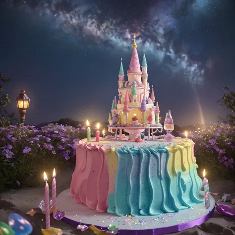 Beautiful 8K Ultra HD professional photos, Sharp focus, In a stunning fantasy starry world,Fairies dance in the sky，A birthday cake filled with gems falls from the sky，A huge cake，It has candles and confetti on it, Huge birthday cake, with sparkling gems o...