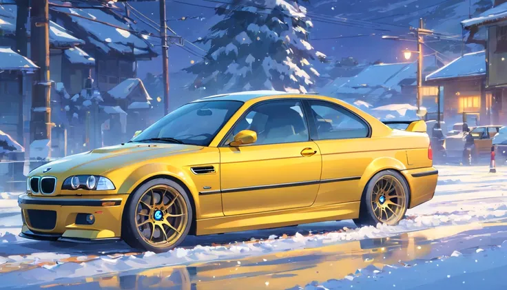 Bmw m3 e46 jaune, qui roule sur la neige