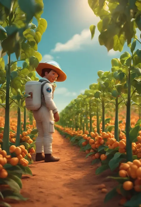 Disney Pixar animation cartoon movie style, Astronaut and farmer holding a soybean plant in a soybean plantation.